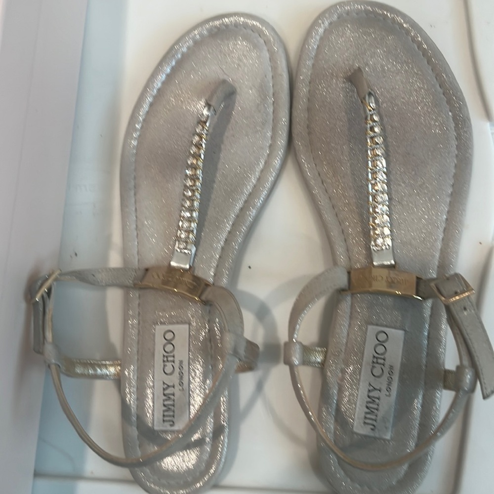 Jimmy Choo shimmer suede/ crystal- silver sandal. In excellent condition